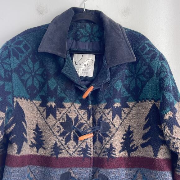 Vintage Kathryn Deene wool blend leather trim fair isle winter blanket overcoat - Picture 2 of 8